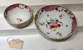Antique English Basket Of Flowers Handpainted Porcelain Cup & Saucer,  C.  1800