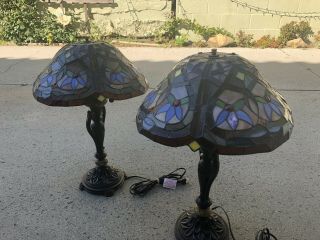 Vintage Early Tiffany Style Stained Glass Shades With Marble Base Lamps