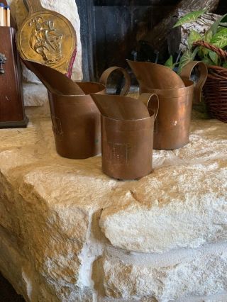 Antique Vintage French Country Copper Pitcher Set 3 Great Patina Farmhouse Hg12