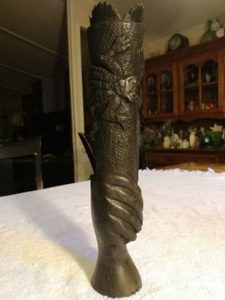 Vintage Hand Carved Ebony Wood Art Statue 14 " Heavy Alligator Snake Hand Torch