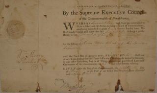 1783,  Pennsylvania,  Gov.  William Moore,  Timothy Matlack,  Signed Liquor License