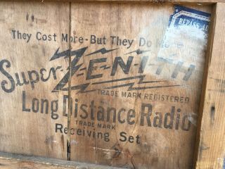 Vintage Wooden Advertising Sign Zenith Long Distance Radio Crate Side 2