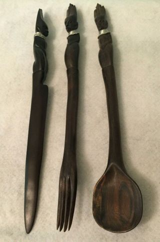 Vintage Decor Tribal Ebony Wood Spoon Knife Fork Salad African Hand Carved Set