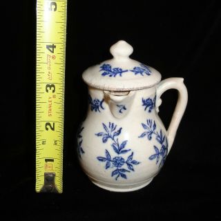 French Stoneware Miniature Dometop Coffee Pot Blue Strawflower 1870 Rare Find