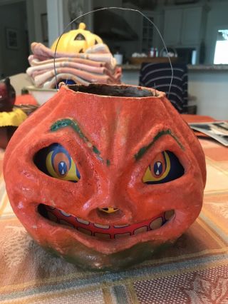 Vintage Halloween Large Paper Mâché Jack - O’ - Lantern W/ Insert And Wire