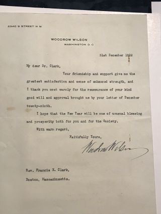 WOODROW WILSON SIGNED LETTER.  PSA/DNA Letter of Authenticity 2