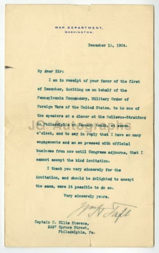 William Howard Taft - 27th U.  S.  President - Autographed Letter (tls),  1904