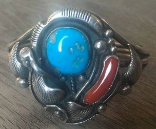 " Signed/stamped " Vintage Navajo Turquoise,  Coral & Sterling Silver Cuff Bracelet