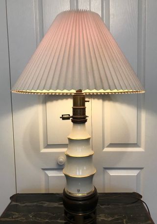 Vintage Stiffel Brass Lenox Porcelain Table Lamp W Cream Shade Wood Brass Base