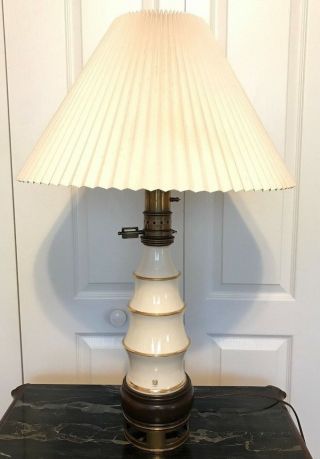 Vintage Stiffel Brass Lenox Porcelain Table Lamp w Cream Shade Wood Brass Base 2