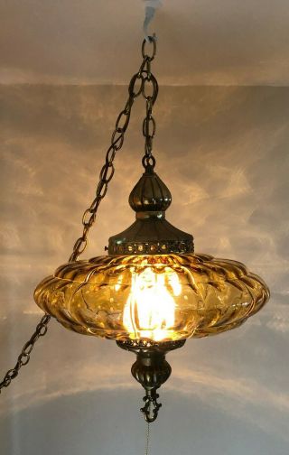 Vintage UFO Hanging Swag Lamp Amber Colored Glass Globe MCM Orb 2