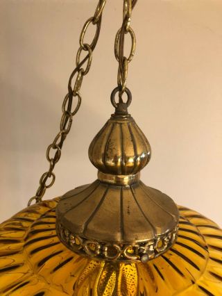 Vintage UFO Hanging Swag Lamp Amber Colored Glass Globe MCM Orb 3
