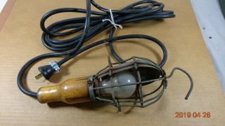 Vintage Mcgill Mfg Wooden Handle Industrial Drop Light Steampunk Trouble Light