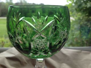 Vintage Signed Kusak Emerald Green Cut To Clear Bohemian Crystal Wine Goblet