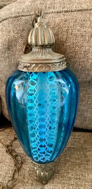 Vintage Mid Century Retro Blue Glass Globe Hanging Swag Lamp Light With Diffuser