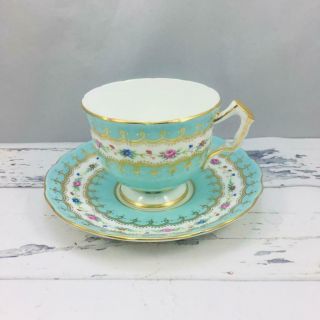 Vtg Aynsley Bone China Teacup & Saucer - Tiffany Blue,  Gold & Floral Design