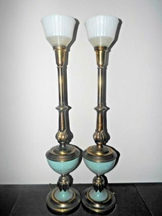 Lamps Pair Stiffel Style 36 " H 3 - Way Fancy Brass Torchiere Table Lamps