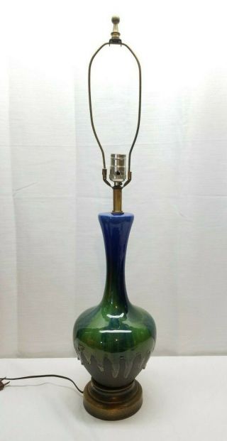 Vintage Mid Century Modern Ceramic Art Pottery Drip Glaze Genie Bottle Lamp Blue