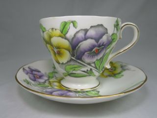 Vintage Salisbury Tea Cup Saucer Set Pansies Floral Purple Yellow Gold Trim 2028