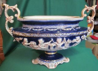 Antique Victorian Flow Blue Gold Trim Cherubs 2 Handled Footed Compote.