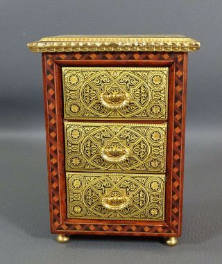 Vtg Toledo Gold Damascene Steel Marquetry Inlay Wood 3 Drawers Jewelry Chest Box