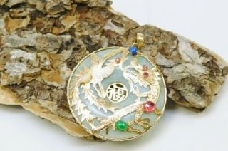 Vintage 14k Large Chinese Jade Pendant With Precious Stones 12.  5 Grams