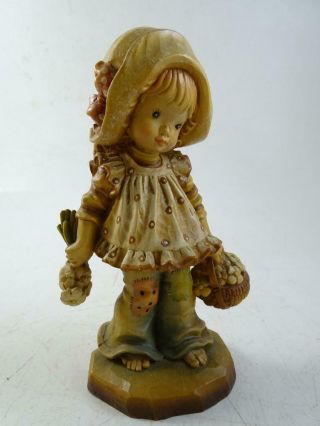 Vintage Anri Hand Carved Wood Italian Italy Figurine Statue Little Girl Flower