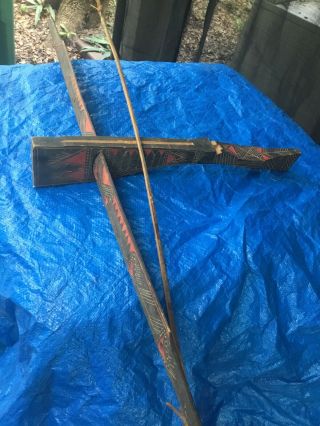 Antique Vintage Wood Hand Made Painted Crossbow Cross Bow Vietnam Montagnard