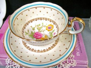 Aynsley Tea Cup And Saucer Painted Rose Floral Painted Fleur De Lis Gold Teacup