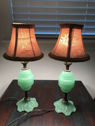 Vintage Art Deco Small Jadeite Table Lamps W/shades -