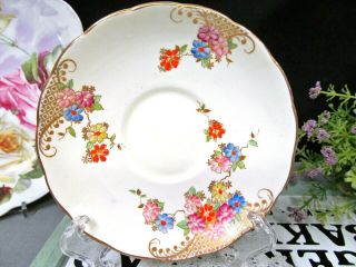 FOLEY tea cup and saucer painted floral beaded gold gilt design teacup 1930 ' s 2