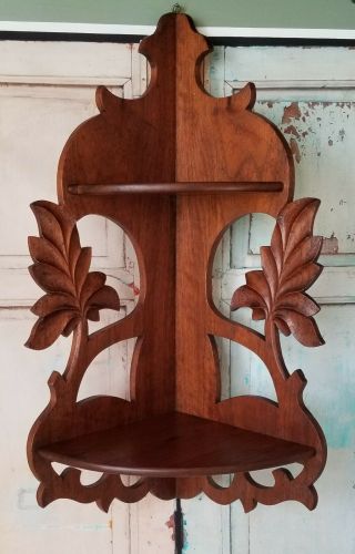 Antique Hand Carved Wood Two Tier Corner Shelf Signed Made In Virginia