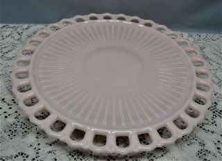 Vintage Pink Milk Glass Cake Plate Open Lace Edge