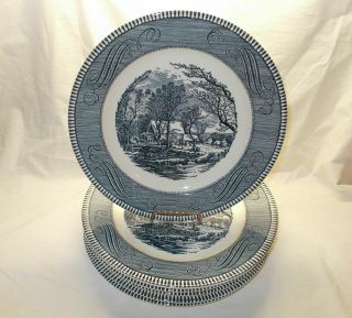 6 Vintage Royal China Currier And Ives The Old Grist Mill Blue 10 " Dinner Plates