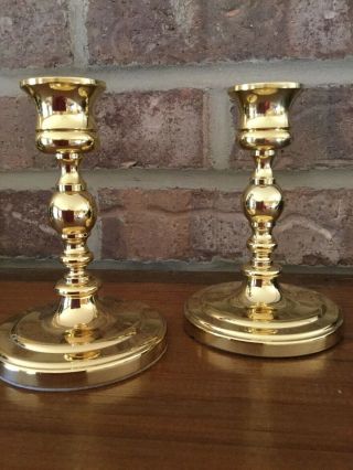 Baldwin (2) Polished Brass Round Base Candlestick Holders 5 " Height Made In Usa
