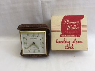 Vintage Phinney Walker Traveling Alarm Clock Wind Up Lighted Dial Alligator Case