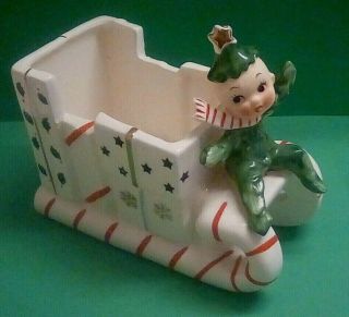 Rare Vintage Rubens Ceramic Christmas Sleigh/sled With Pixie/elf Planter Bin