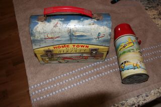 C.  1960 Home Town Airport Metal Dome Lunchbox With Thermos (rare)