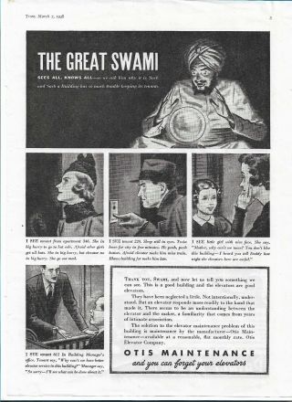1938 Otis Maintenance Elevators Vintage Ad Great Swami 11 " X 8 1/2 "