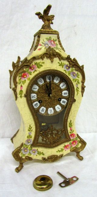 Vintage Fhs Germany Floral Gold Accent Mantle Decoration Clock [p/r]