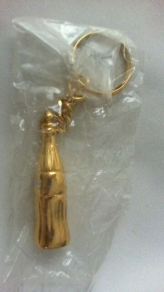 Rare Small Coca - Cola - Gold Color Metal - Bottle Key Chain In Pkg Vintage