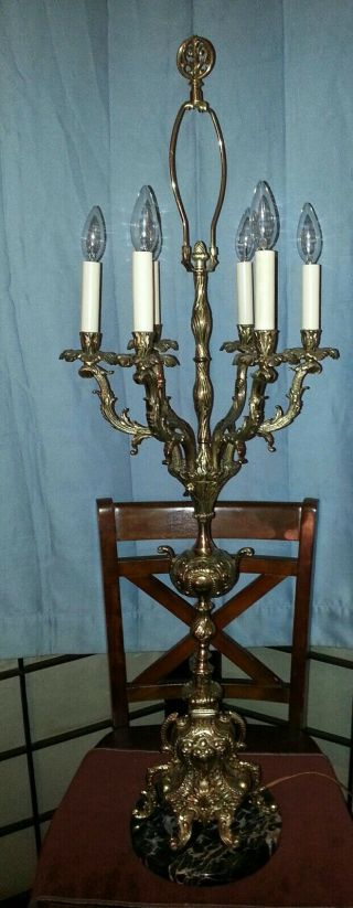 Vintage Rococo Style Solid Brass 6 Light Candelabra Table Lamp