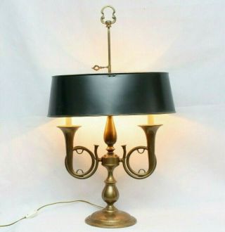 Vintage Chapman? Brass French Horn Bouillotte Table Lamp Tole Shade