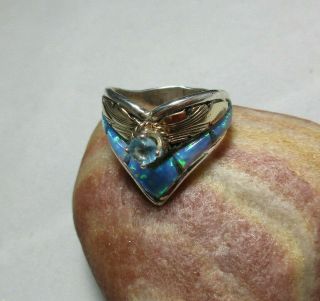 Vintage Navajo Ring Sterling Silver W/ Gold Filled Feathers Sz.  6 Signed S.  Ray