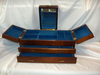 Vintage Walnut Wood 2 - Drawer Jewelry Box Royal Blue Crushed Velveteen