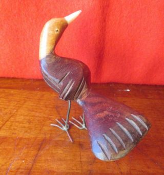 Vintage Folk Art Wood Bird,  Carved 200 Year Old Mahogany,  Bone Beak,  Wire Legs
