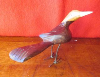 Vintage Folk Art Wood Bird,  Carved 200 Year Old Mahogany,  Bone Beak,  Wire Legs 2