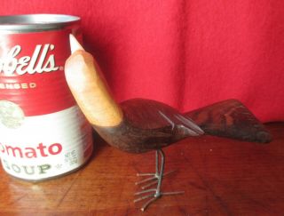 Vintage Folk Art Wood Bird,  Carved 200 Year Old Mahogany,  Bone Beak,  Wire Legs 3