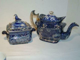 2 Antique - Early English Transferware Teapot,  & Sugar Bowl,  Early 19th Century