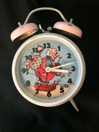 Vintage Wind Up Alarm Clock Clown With Tapping Foot Novelty One - Man - Band